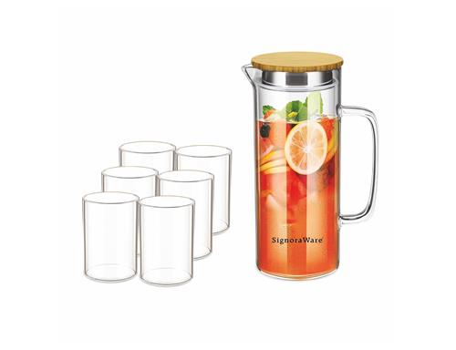 SignoraWare C676 Vogue Borosilicate Jug Bamboo Lid 1000 ml and 6 Glass (295ml)